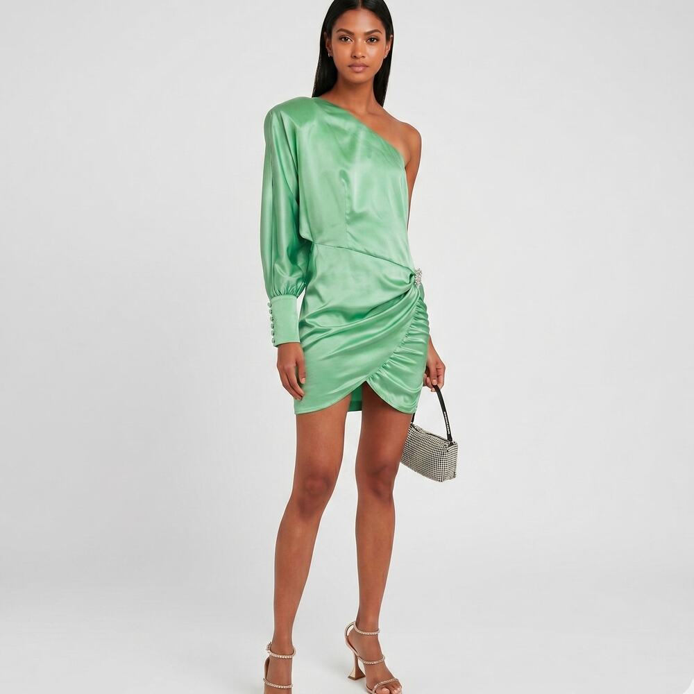 Retrofete Silk Satin Drisana Dress cold shoulder in mint green sz Small